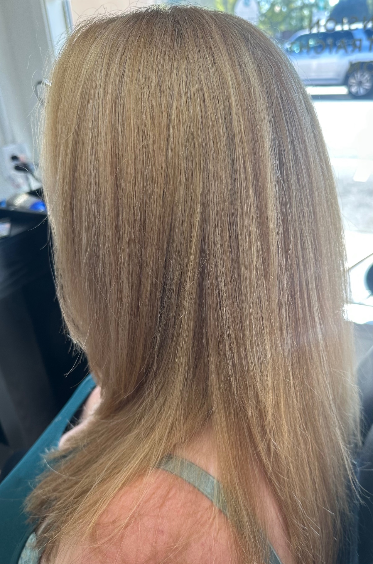 Honey blonde highlights on sleek straight hair