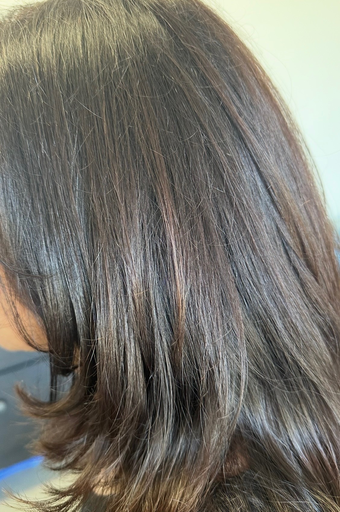 Glossy dark chocolate blowout with subtle layers